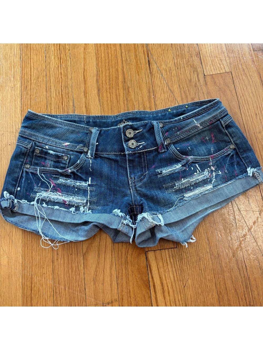 Vintage Y2K low rise distressed grunge mini shorts bedazzled paint splatter